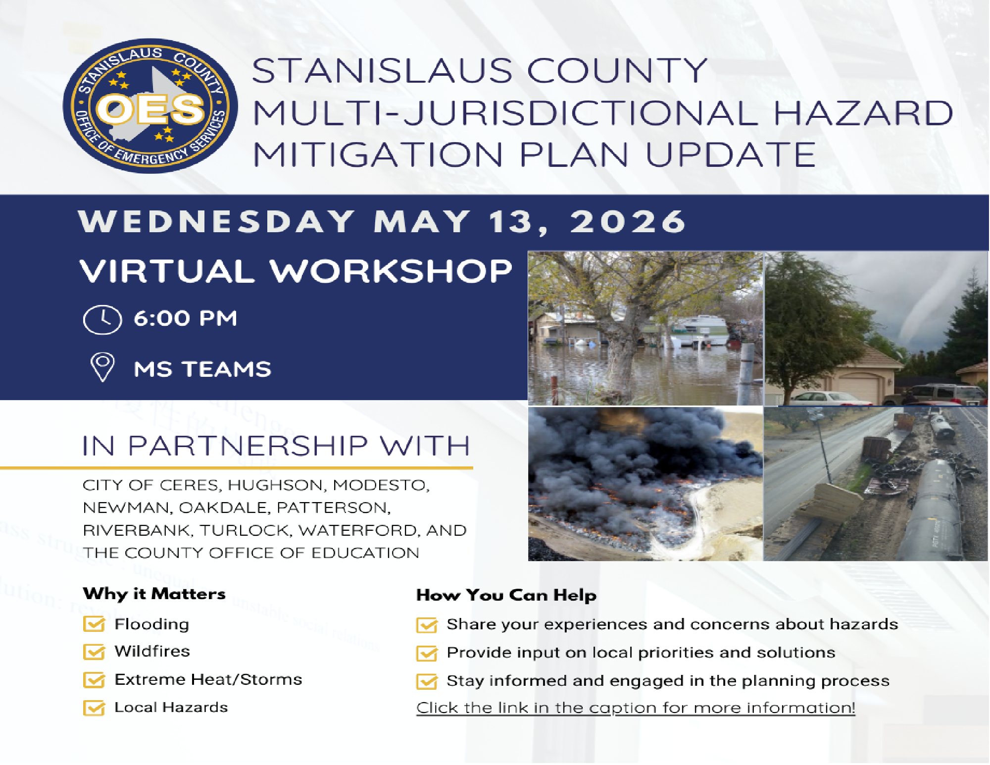Graphic for Stanislaus County Office of Emergency Services announcing a Multi-Jurisdictional Hazard Mitigation Plan Update virtual workshop on Wednesday, May 13, 2026 at 6:00 PM via Microsoft Teams