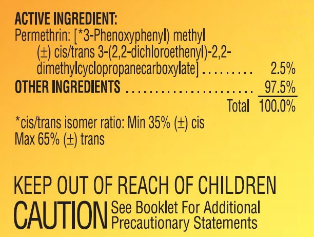 Insect Repellent Label. The label says:  Active Ingredient: Permethrin: [*3-Phenoxyphenly) methyl (±) cis/trans 3-(2,2-dichloroethenyl)-2,2-dimethylcycloporopanecarboxylate] - 2.5%.  Other Ingredients - 97.5%. Total 100.0%. *cis/trans isomer ratio: Min 35% (±) cis Max 65% (± trans. It then provides a warning to Keep out of reach of children. Caution See Booklet For Additional Precautionary Statements